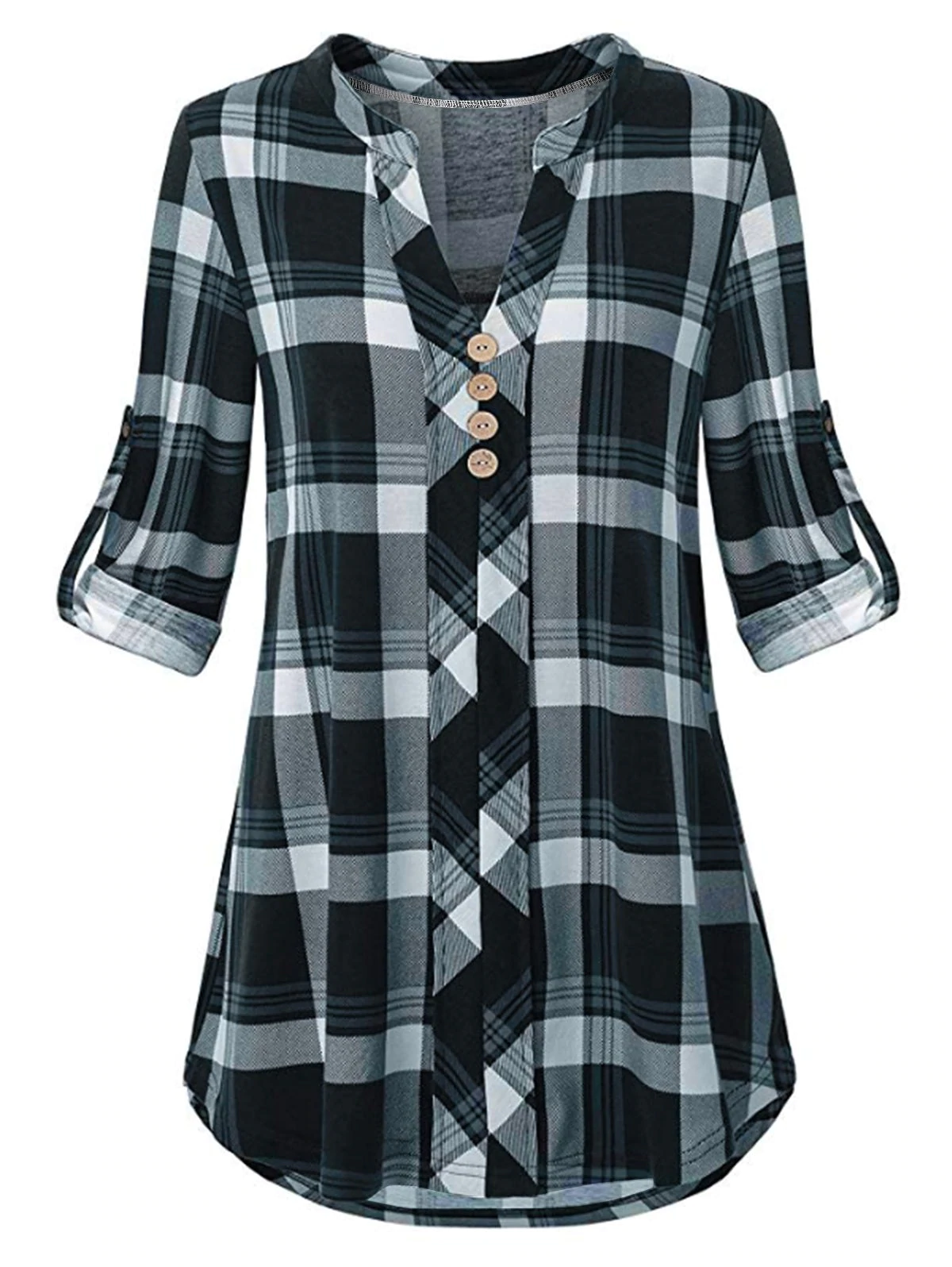 Plus Size Plaid Roll Tab Sleeve Blouse