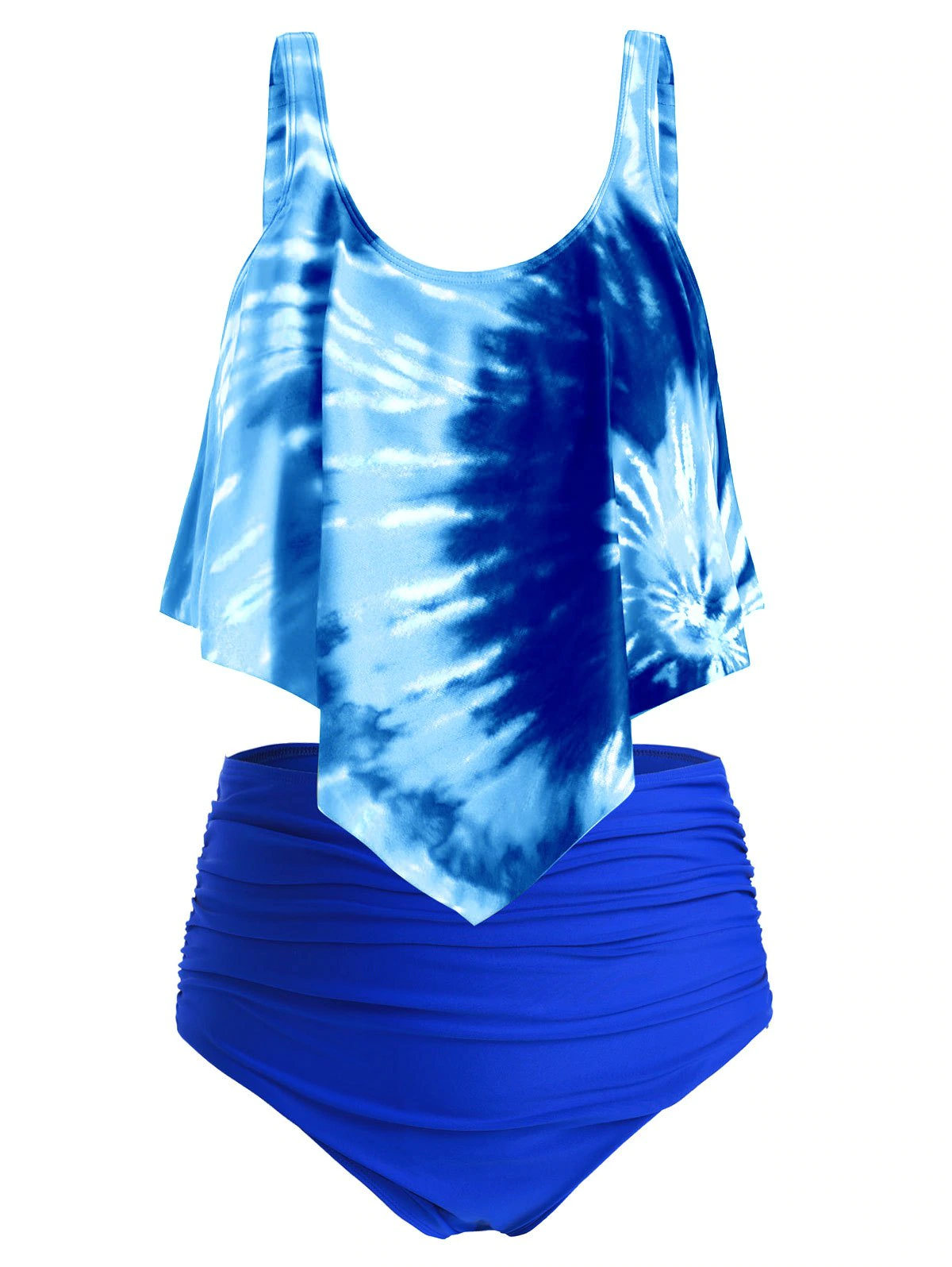 Plus Size Ruffled Tie Dye Ruched Tankini Swimsuit