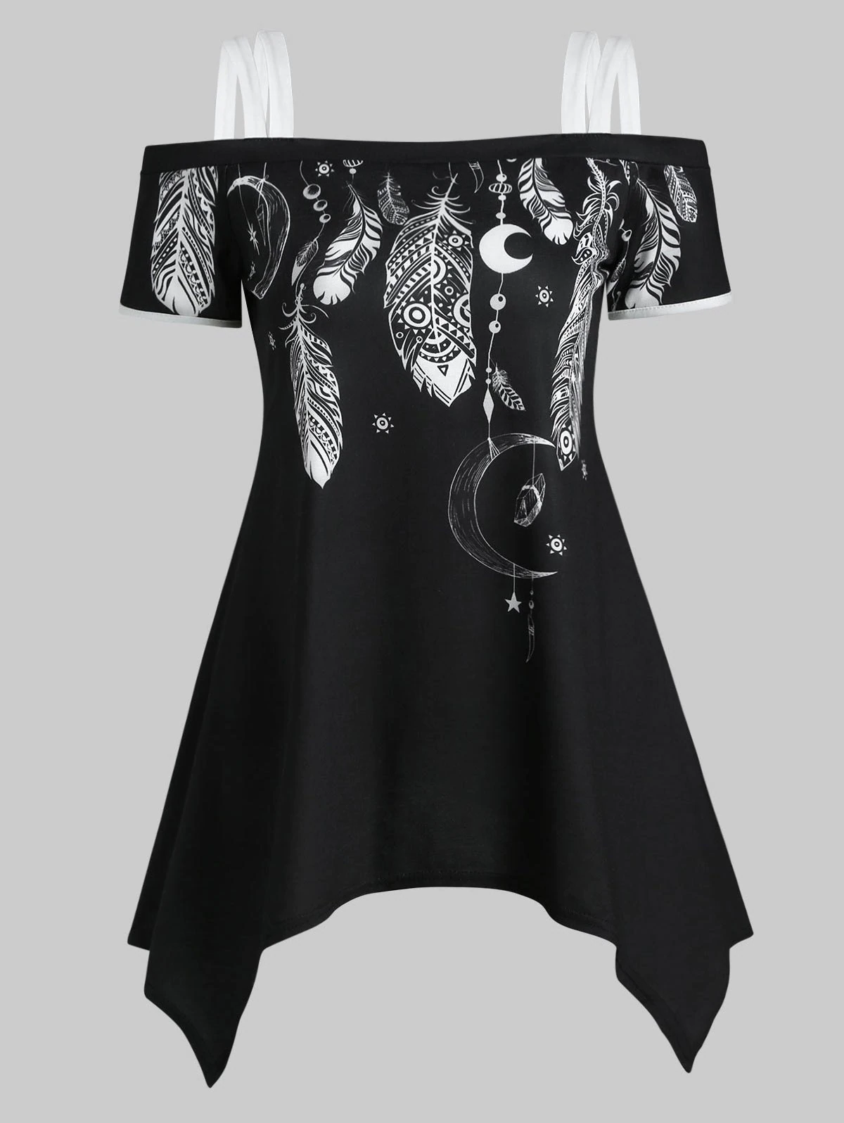 Feather Moon Print Cold Shoulder Handkerchief T-shirt