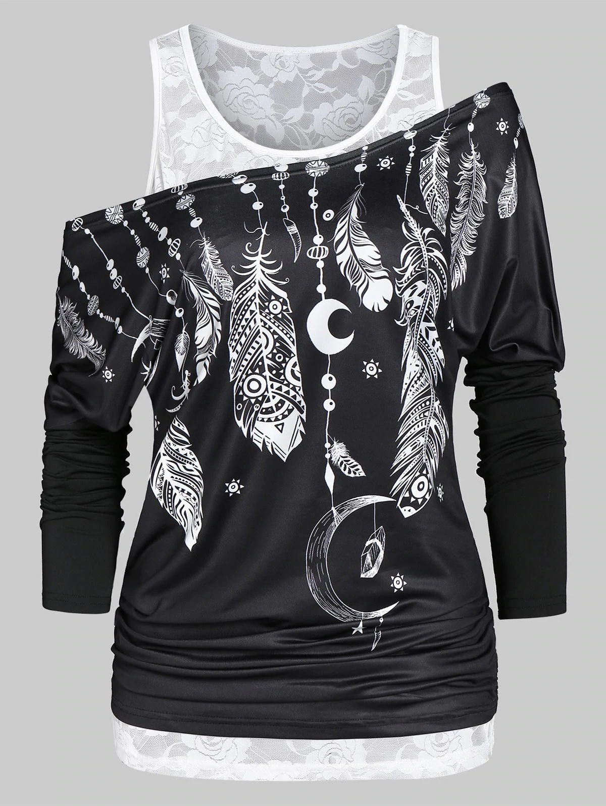 Printed Skew Collar T Shirt with Lace Tank Top