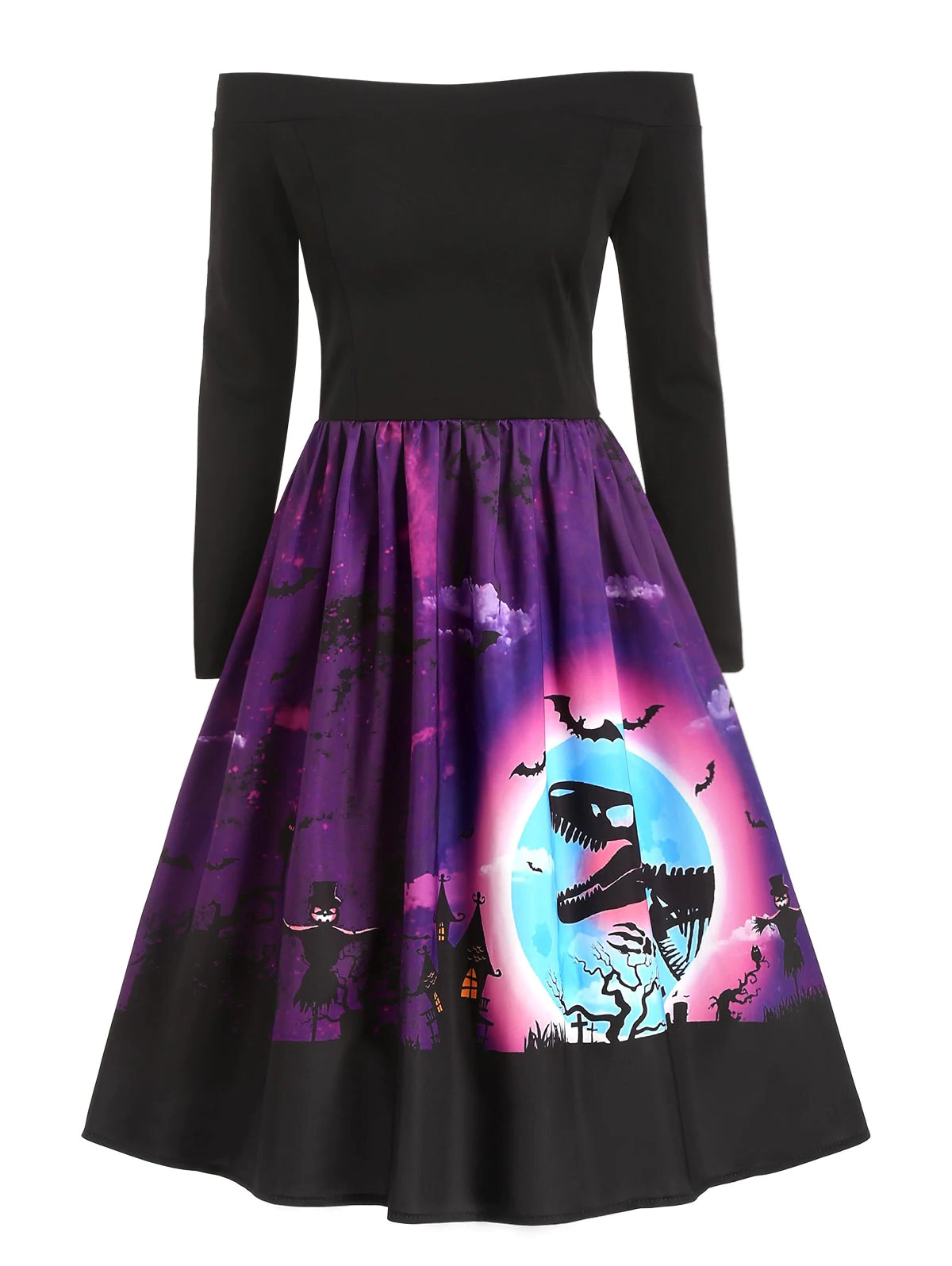 Halloween Dinosaur Owl Print Off Shoulder Dress