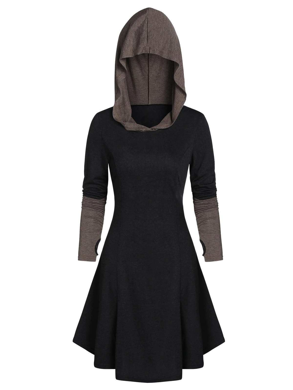 Hooded Glove Sleeve Lace-up Contrast Flare Dress