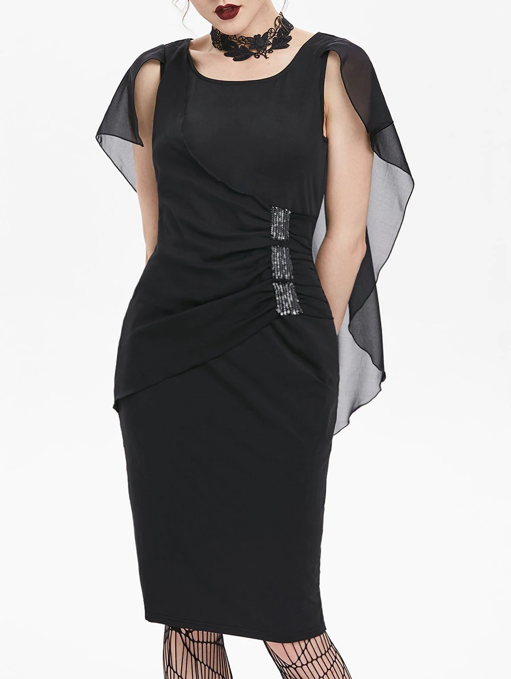 Chiffon Insert Ruched Cape Bodycon Gothic Dress