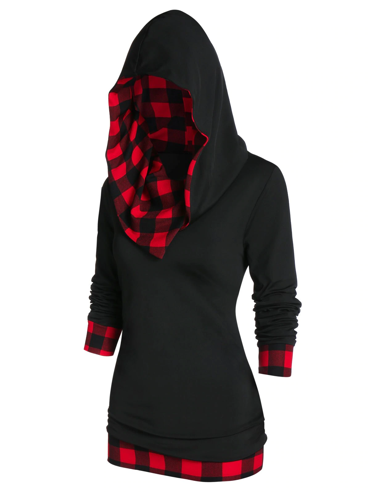 Checked Panel Hooded Long Sleeve T Shirt