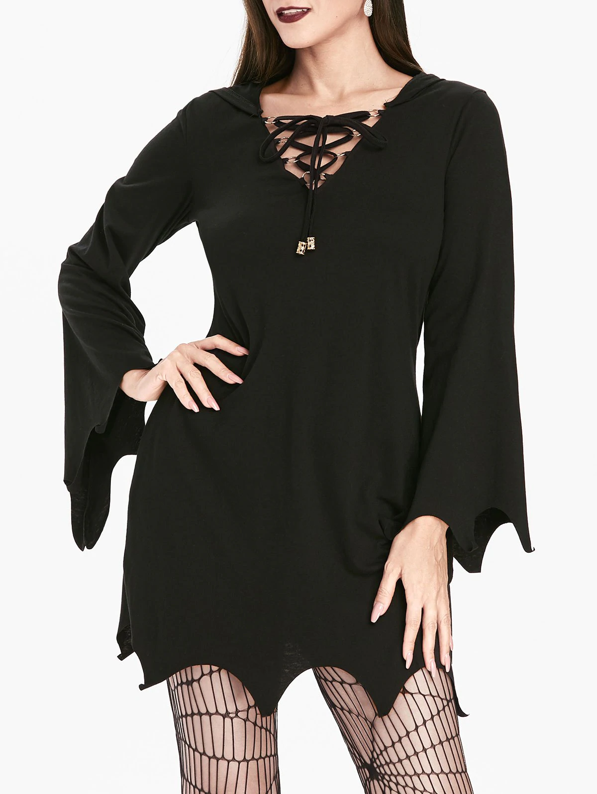 Gothic Hooded Lace Up Sharkbite Trim Dress