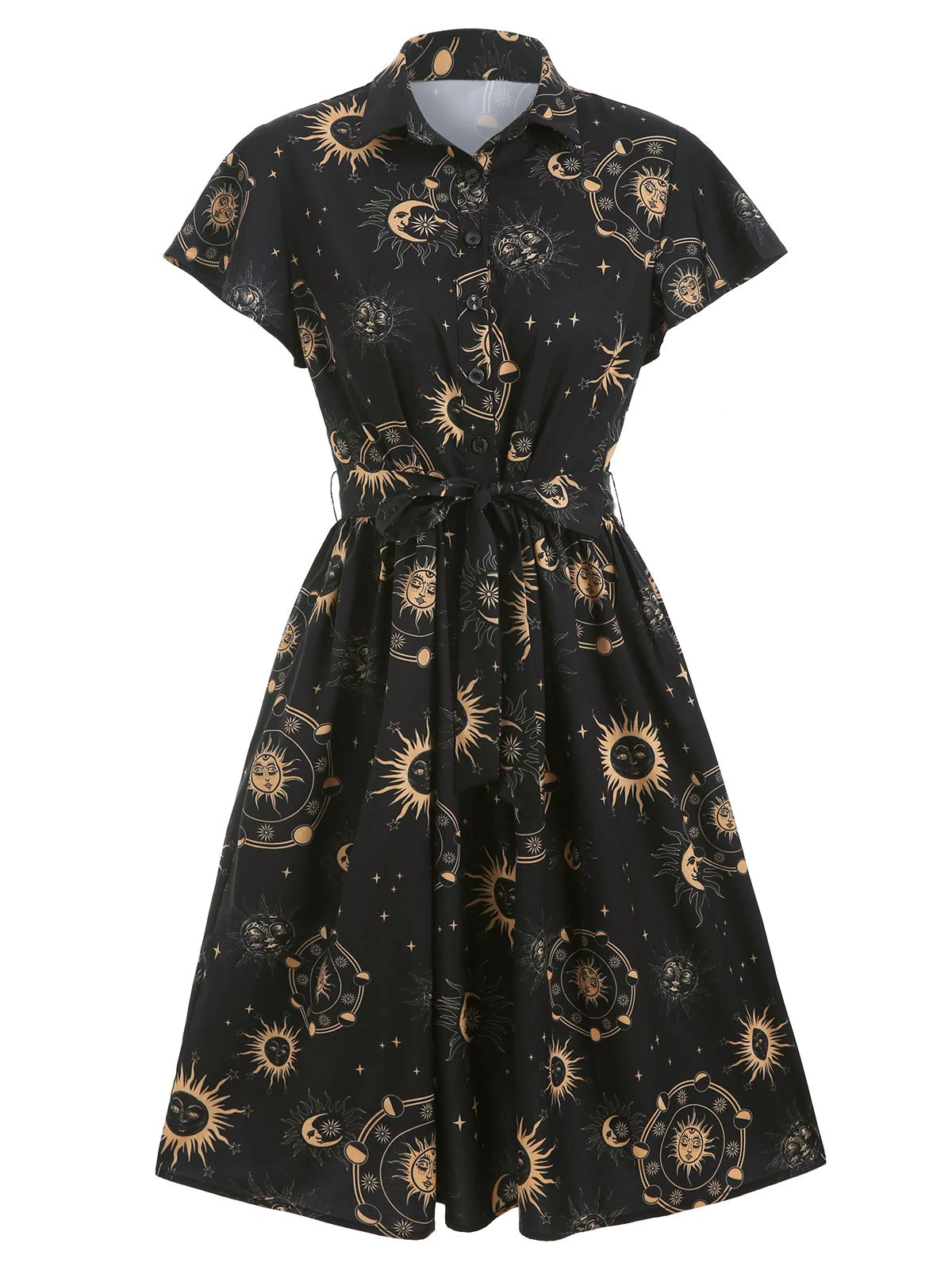 Sun Moon and Star Print Belted Button Dress