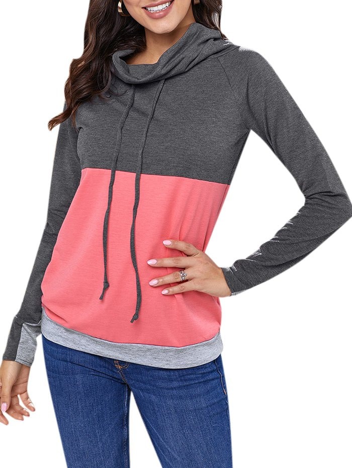 Color Block Drawstring Cowl Neck Sweatshirt