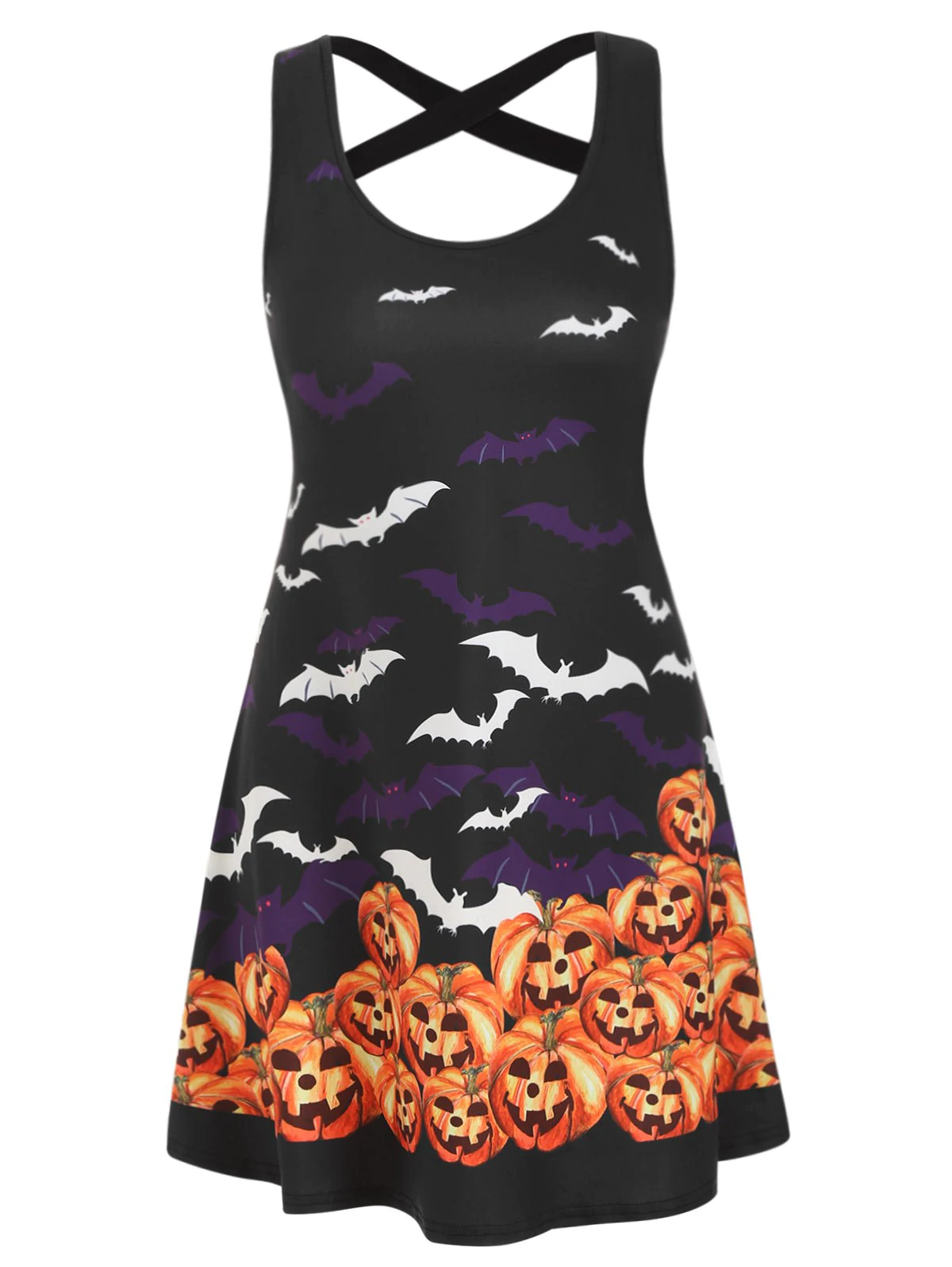 Halloween Pumpkin Bat Print Criss Cross Dress