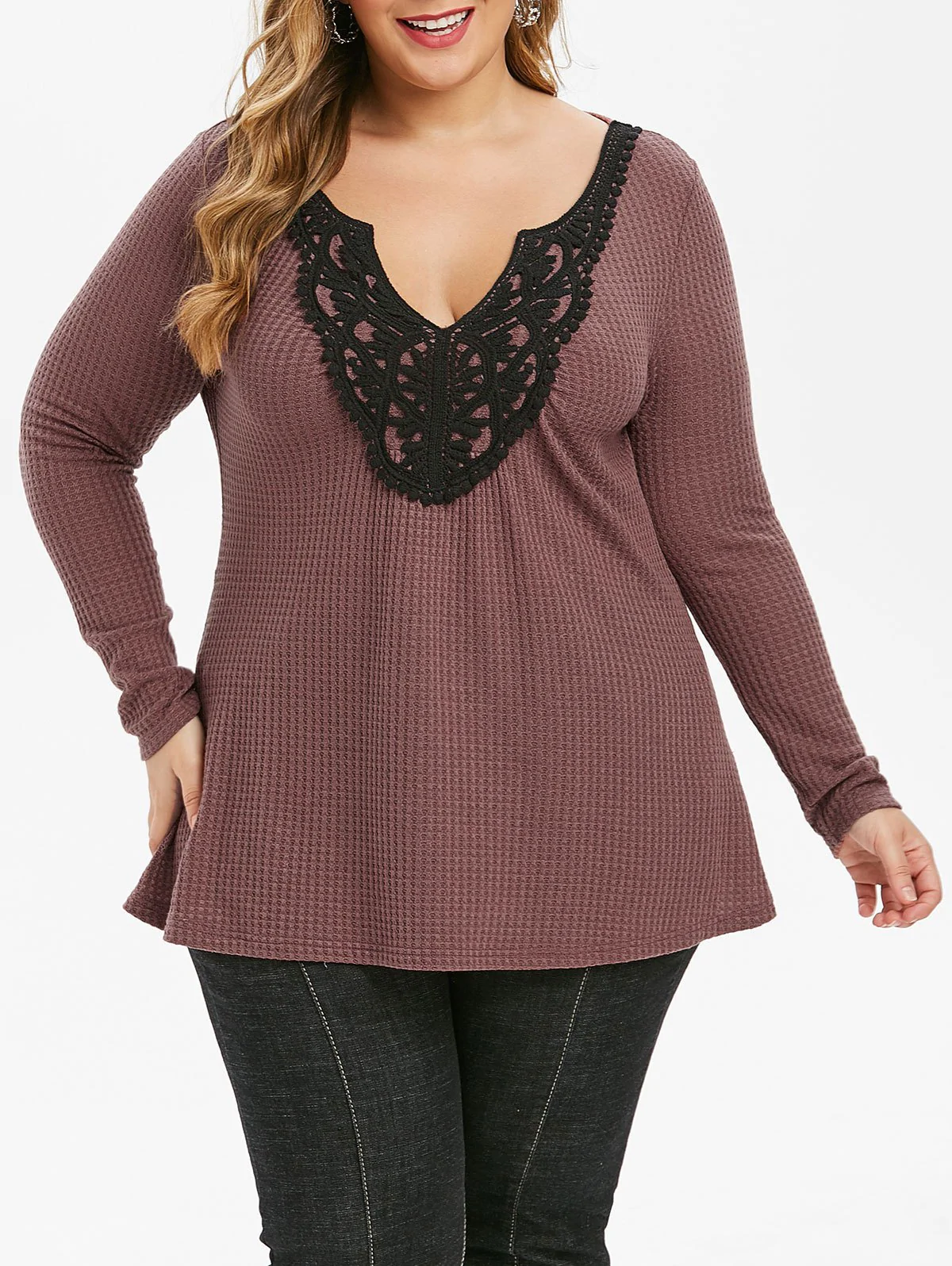 Plus Size Two Tone Applique Tunic Sweaters