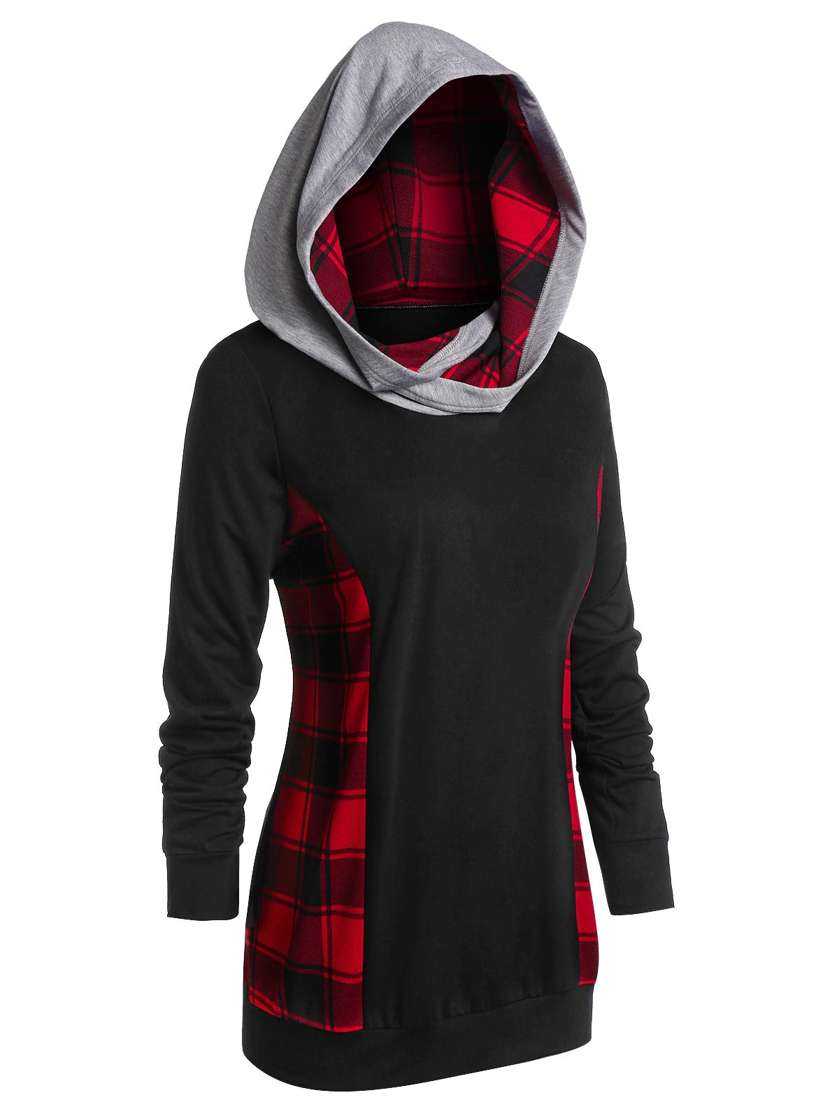 Plus Size Plaid Panel Long Sleeve Tunic Hoodie