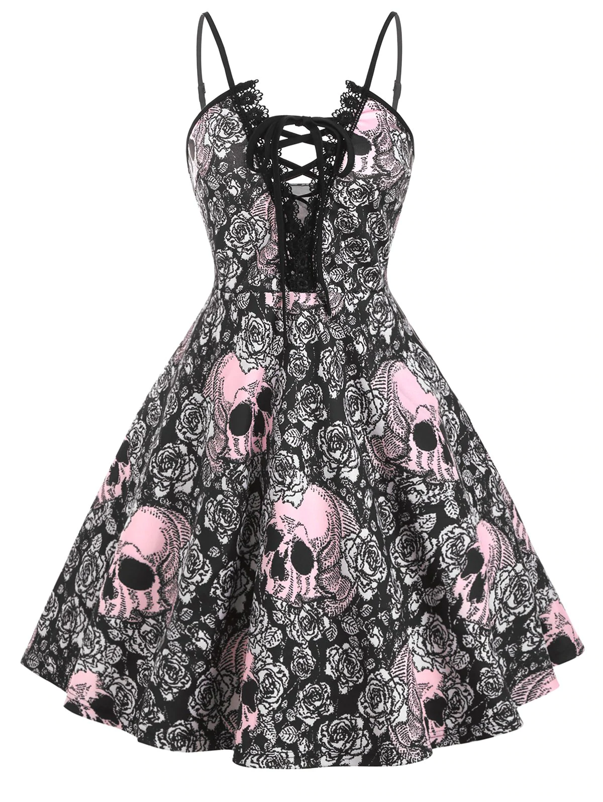 Halloween Skull Print Lace Up Lace Trim Plus Size Dress