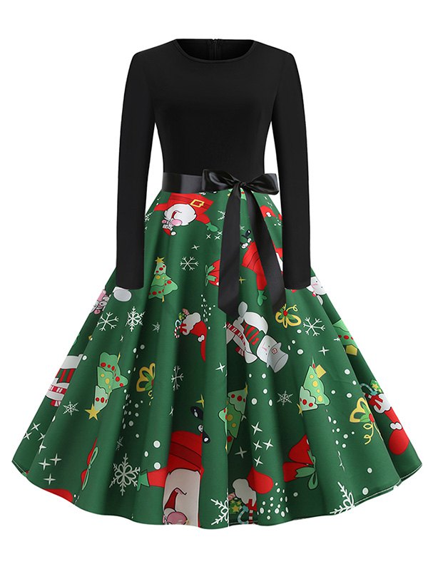 Santa Claus Snowman Christmas Belted Flare Dress