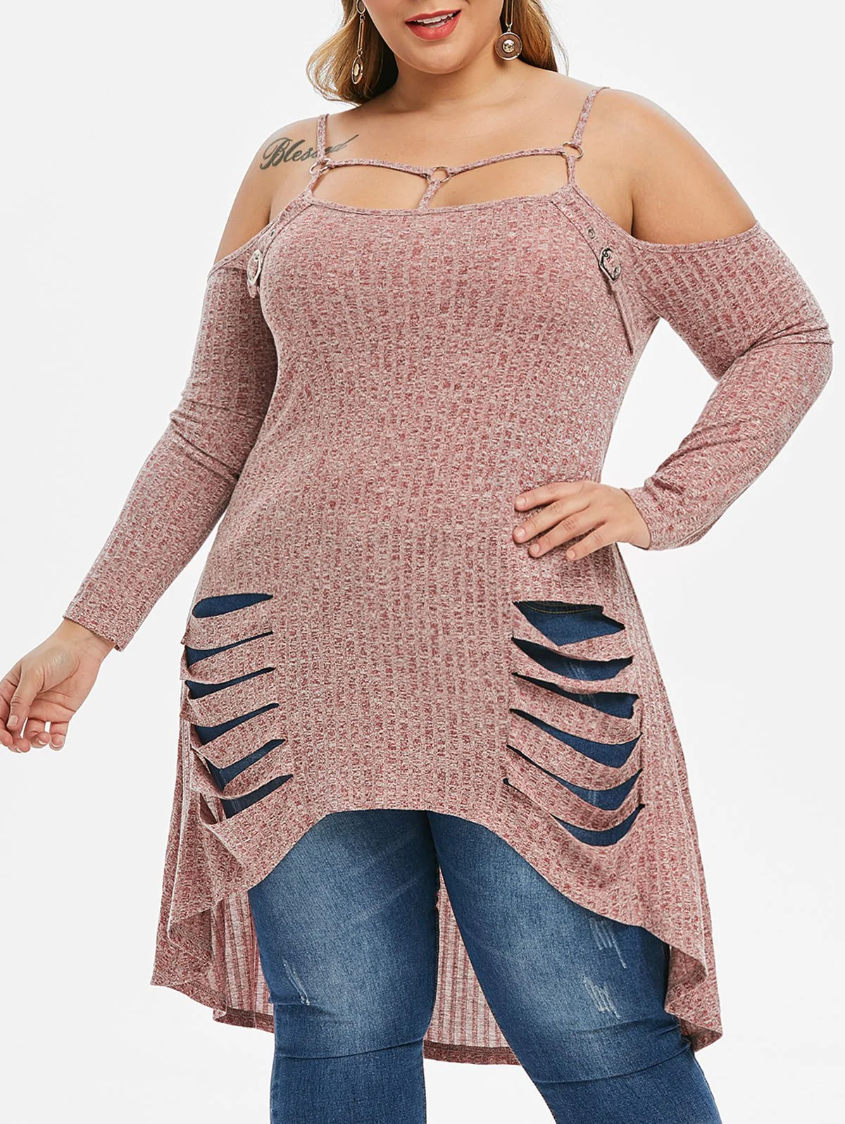 Plus Size O Ring Embellished Distressed Dip Hem Knitwear