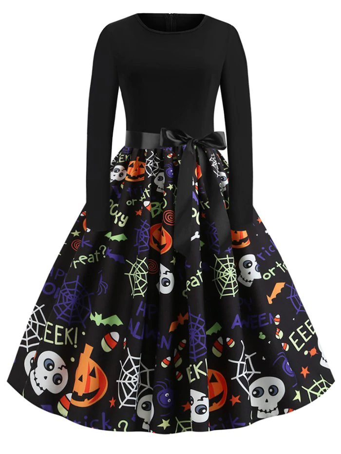 Pumpkin Skull Spiders Belted Flared Halloween Dress