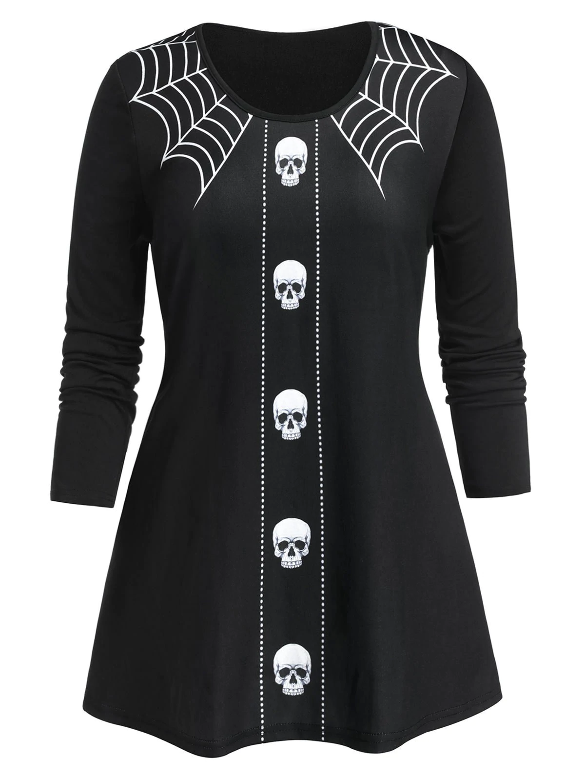 Plus Size Halloween Skull Spider Web Long Sleeve Tee