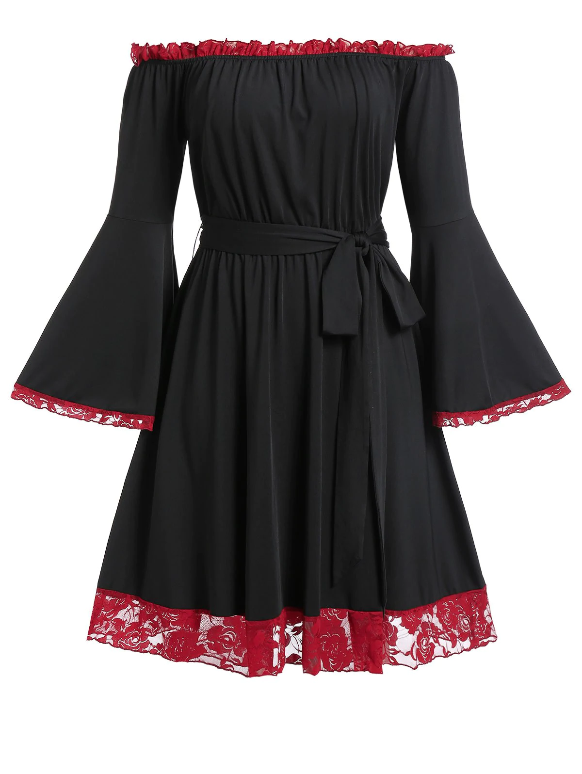 Plus Size Lace Trim Bell Sleeve Off The Shoulder Dress