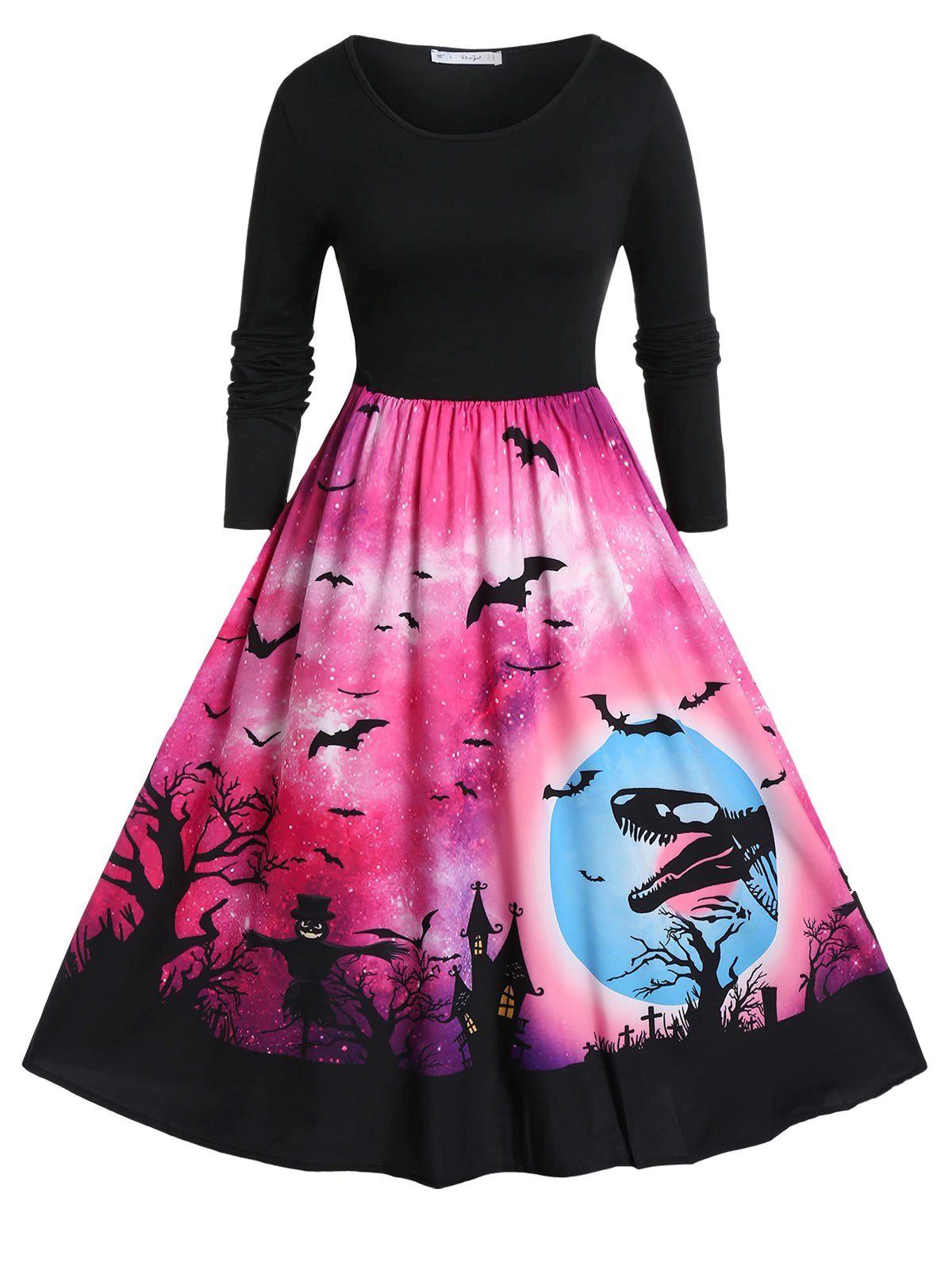 Plus Size Halloween Bat Priny Fit And Flare Vintage Dress