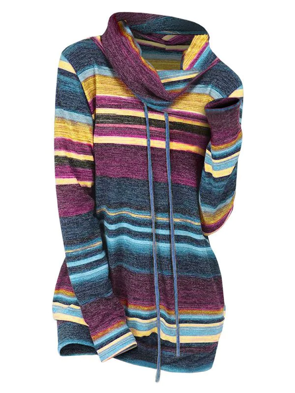 Striped Cowl Neck Drawstring Knitwear