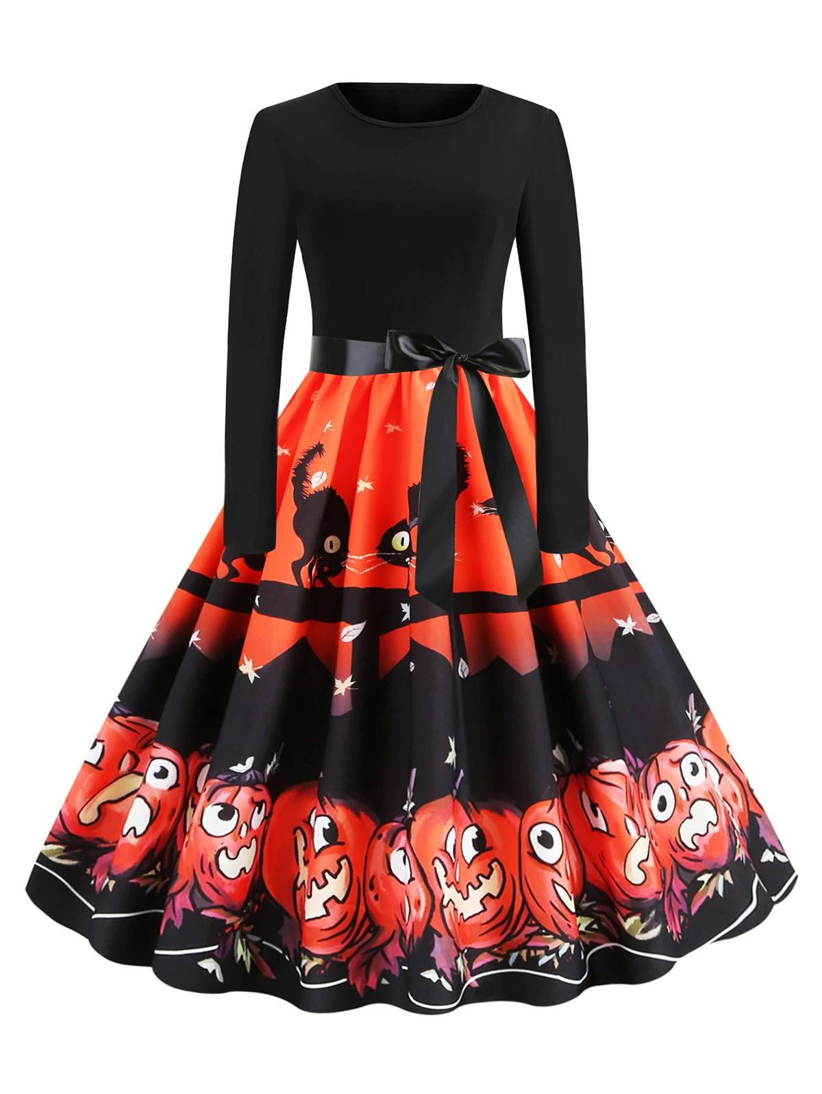 Halloween Cat Pumpkin Print Long Sleeve Dress