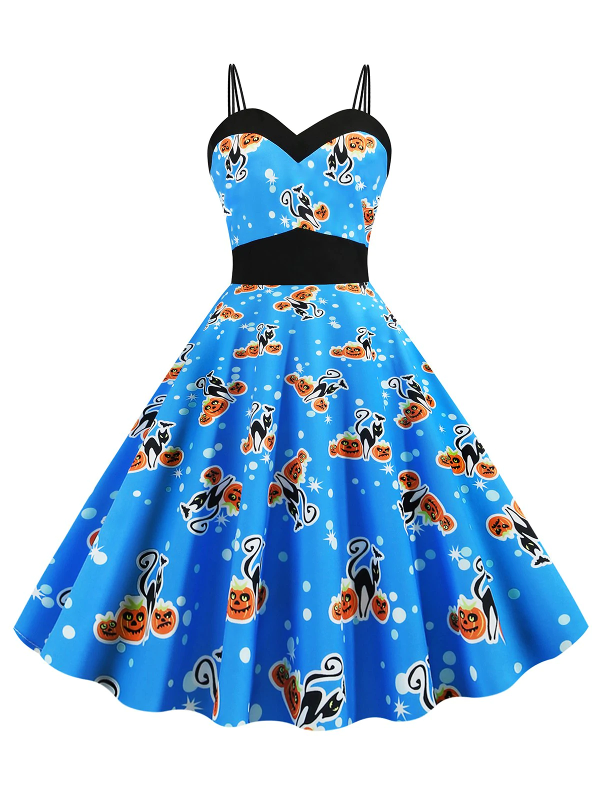 Halloween Dual Strap Cat Pumpkin Print Dress