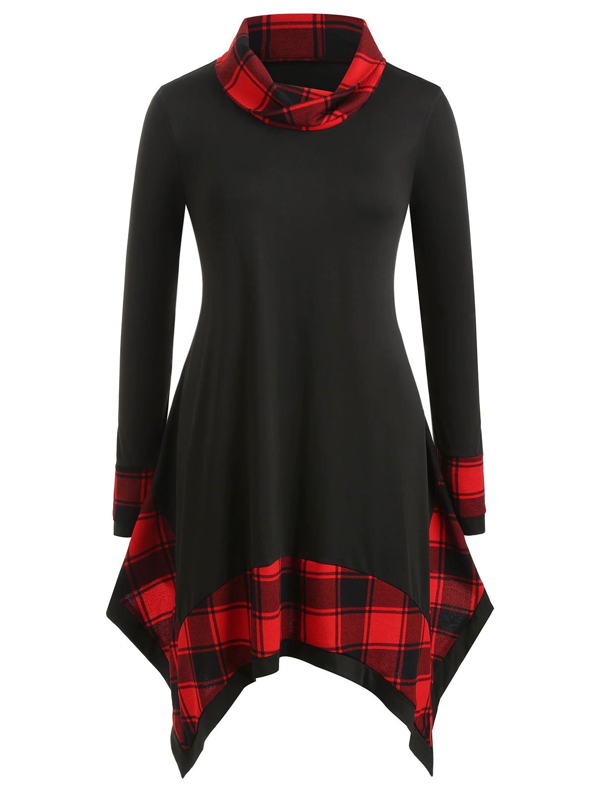 Plus Size Plaid Panel Asymmetrical Long Sleeve T Shirt