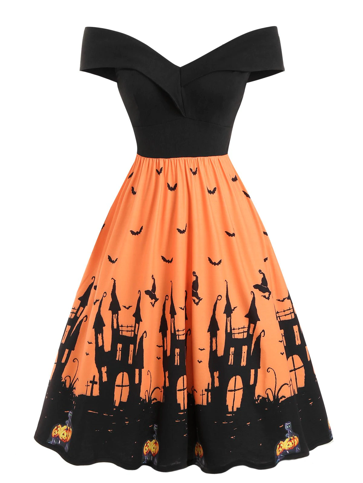 Off Shoulder Pumpkin Bat Flared Halloween Dress