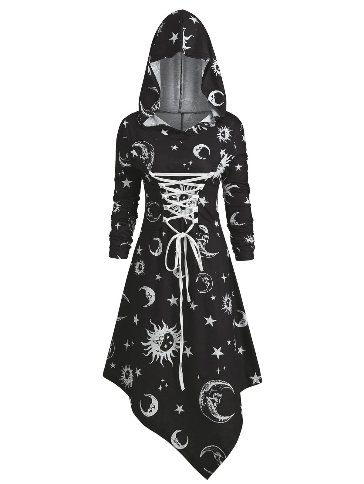 Skull Sun and Moon Lace Up Halloween Hooded Dress