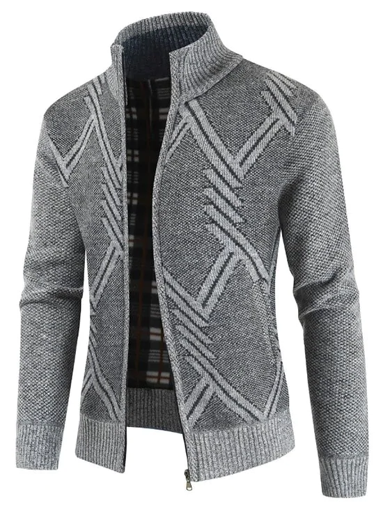 Geometric Pattern Stand Collar Cardigan