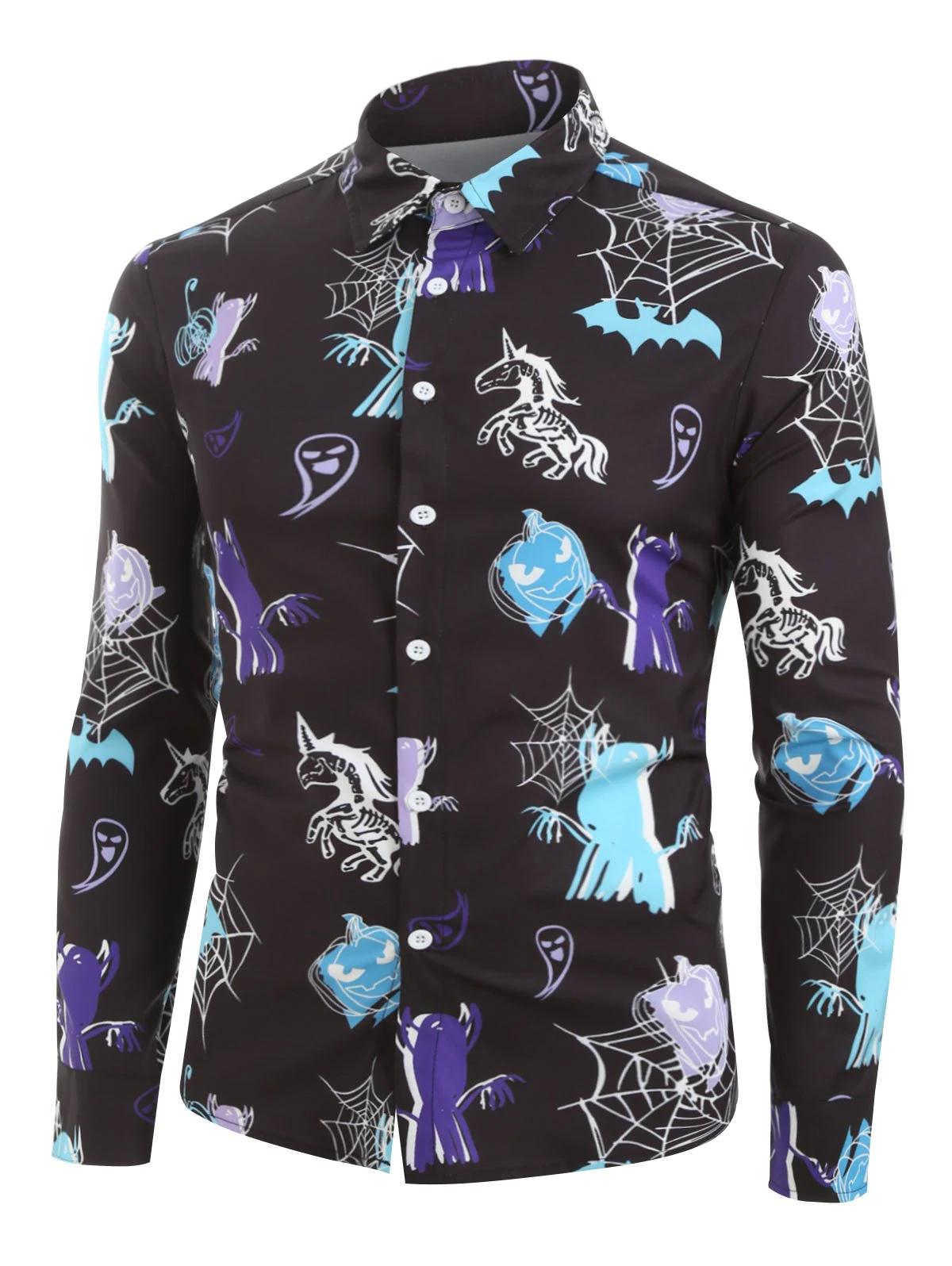 Halloween Pumpkin Unicorn Ghost Print Button Up Long Sleeve Shir