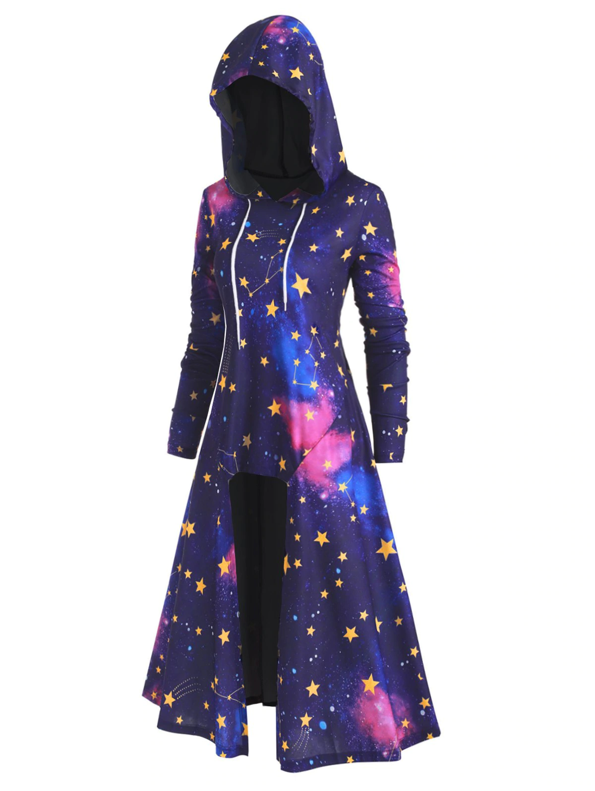 Plus Size Drawstring 3D Galaxy High Low Long Hoodie