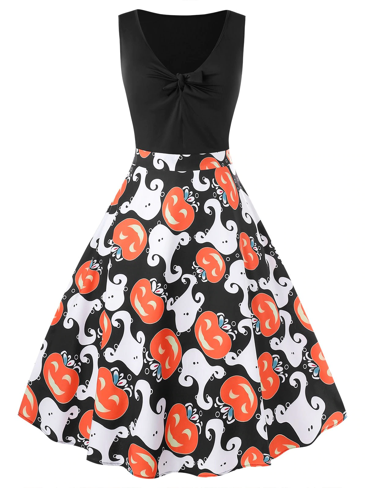 Plus Size Vintage Front Knot Pumpkin Ghost Print Halloween Dress