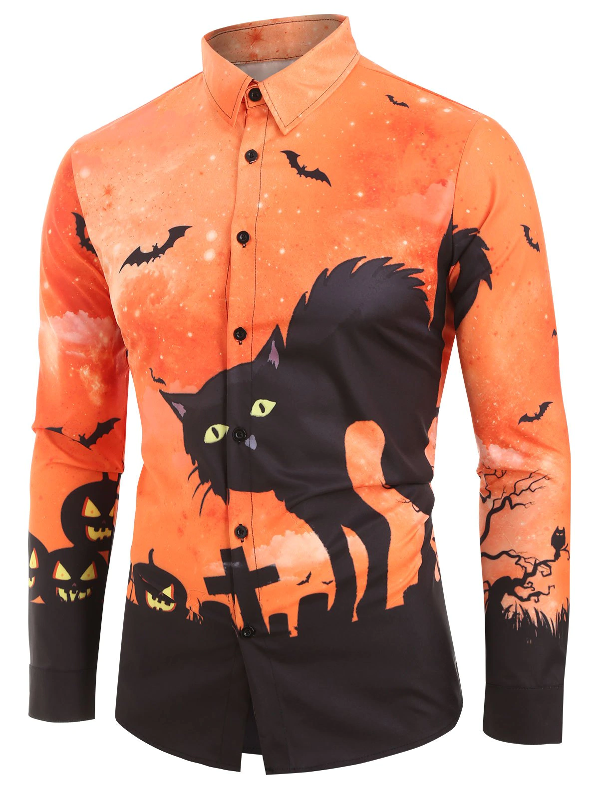 Halloween Cat Bat Print Long Sleeves Shirt