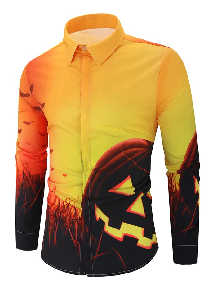 Halloween Pumpkin Bat Print Long Sleeve Button Shirt