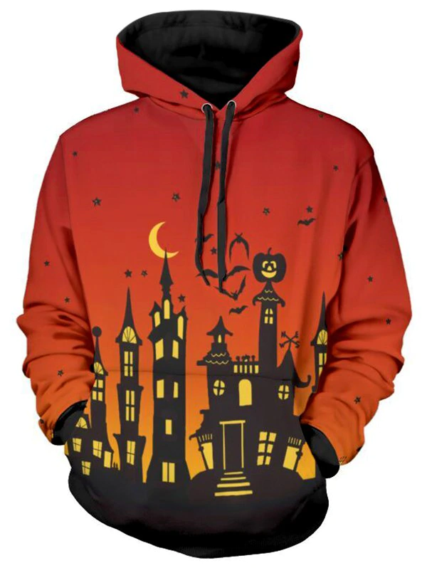 Halloween Castle Moon Pumpkin Print Pullover Hoodie