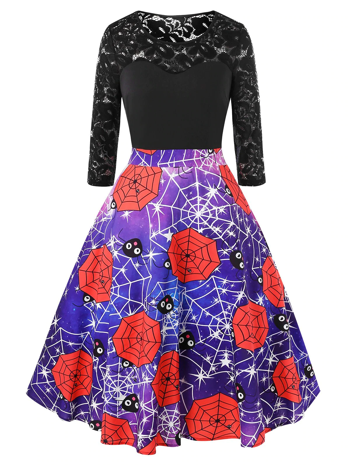 Plus Size Vintage Galaxy Spider Web Print Halloween Party Dress