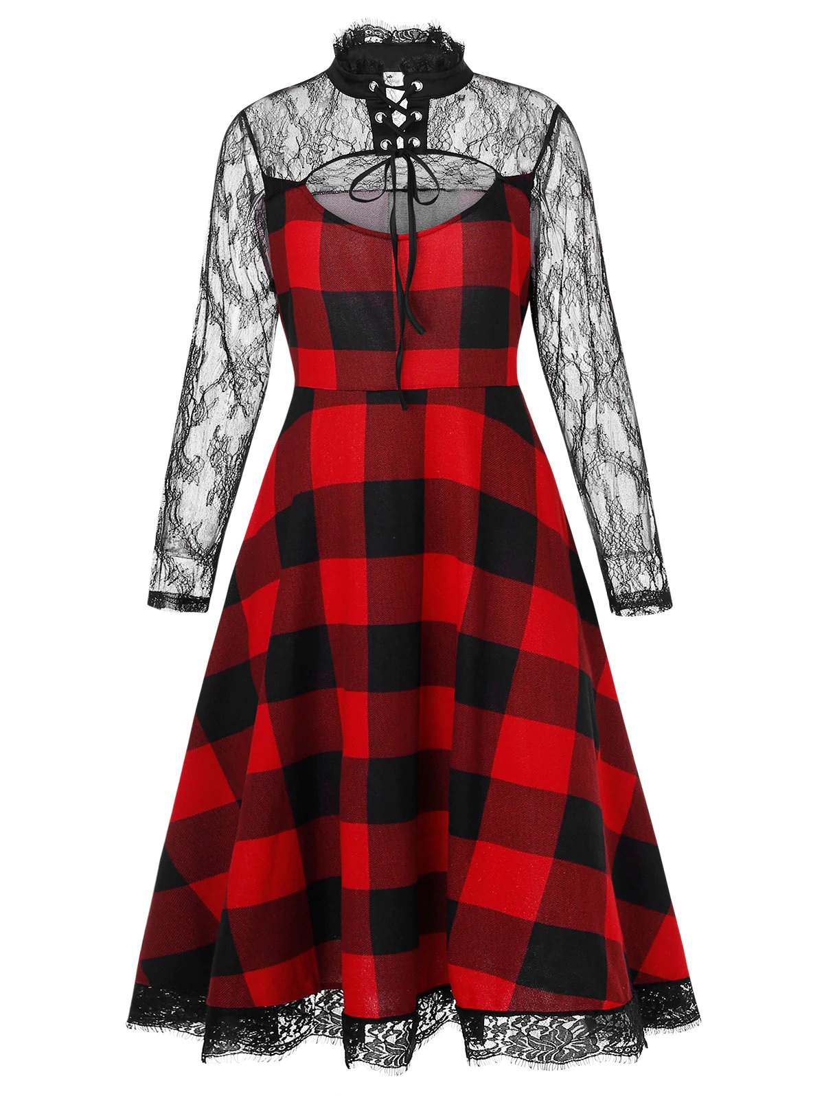 Plus Size Cut Out Lace Insert Plaid Halloween Dress