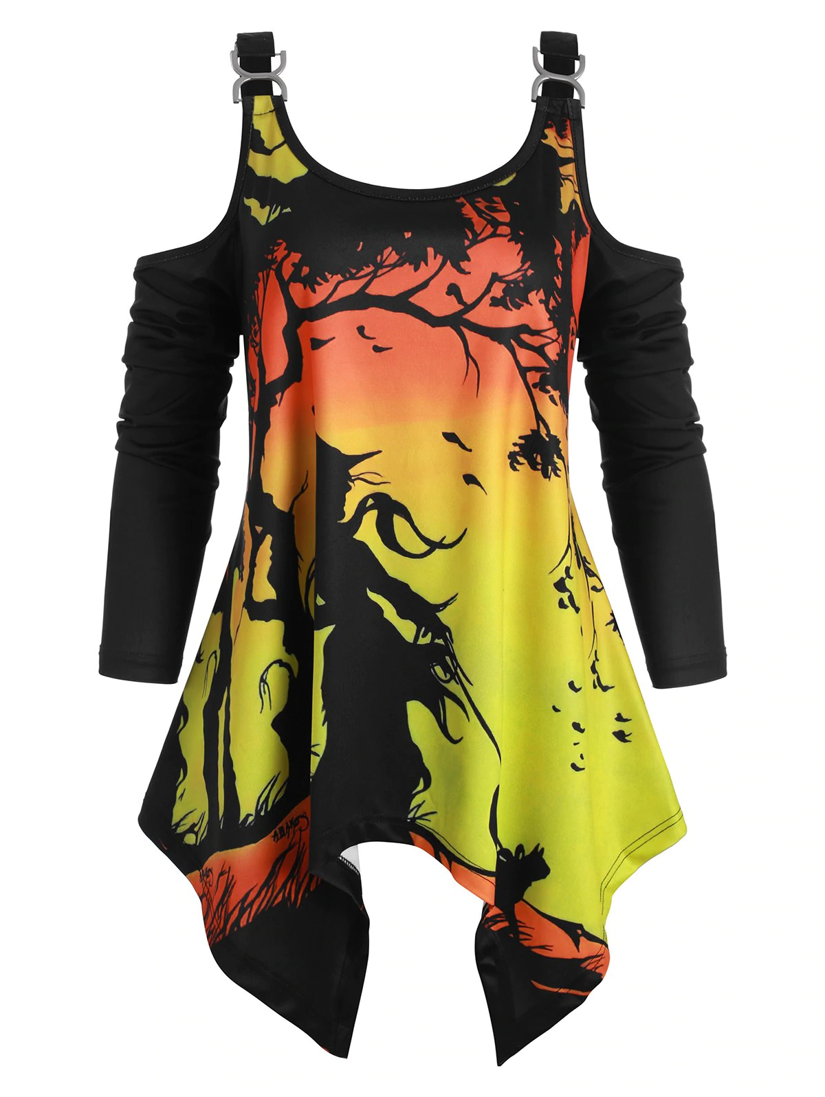 Handkerchief Witch Print Halloween Open Shoulder Plus Size Top