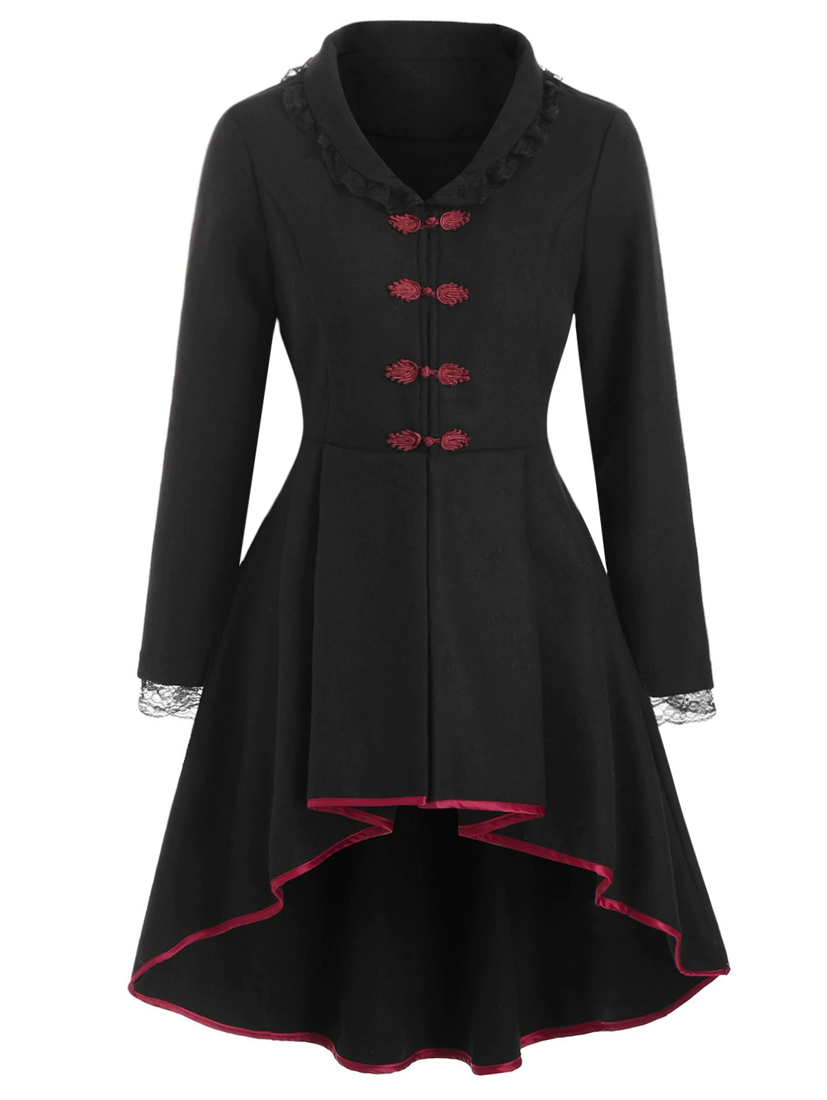 Frog Button Lace-up Wool Blend High Low Coat