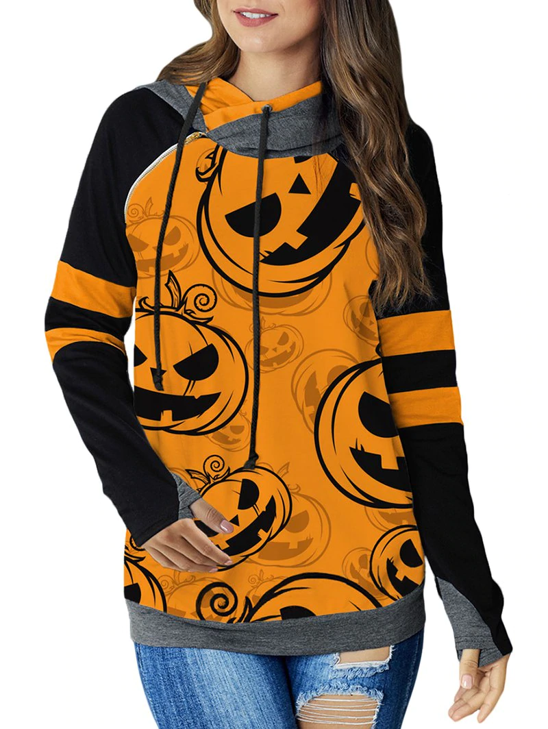 Halloween Pumpkin Thumb Hole Raglan Sleeve Hoodie