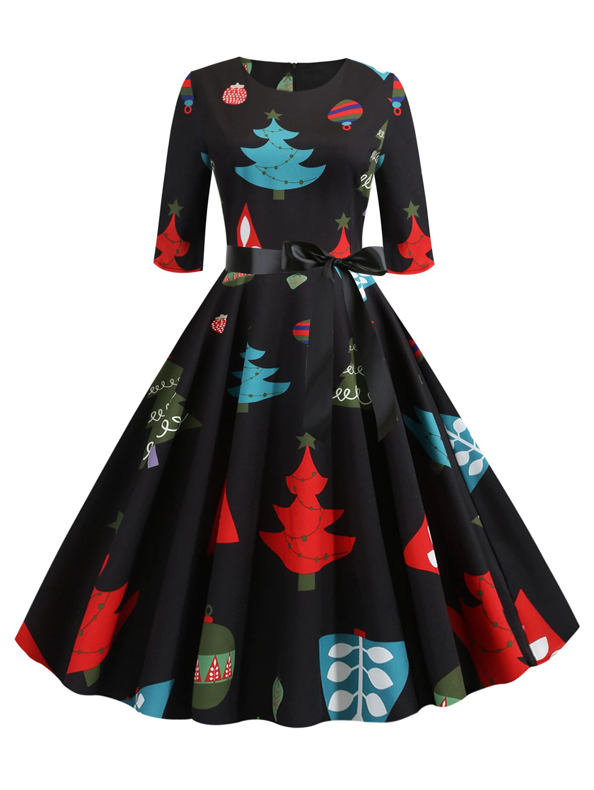 Christmas Tree Print Belted Half Sleeve Dress