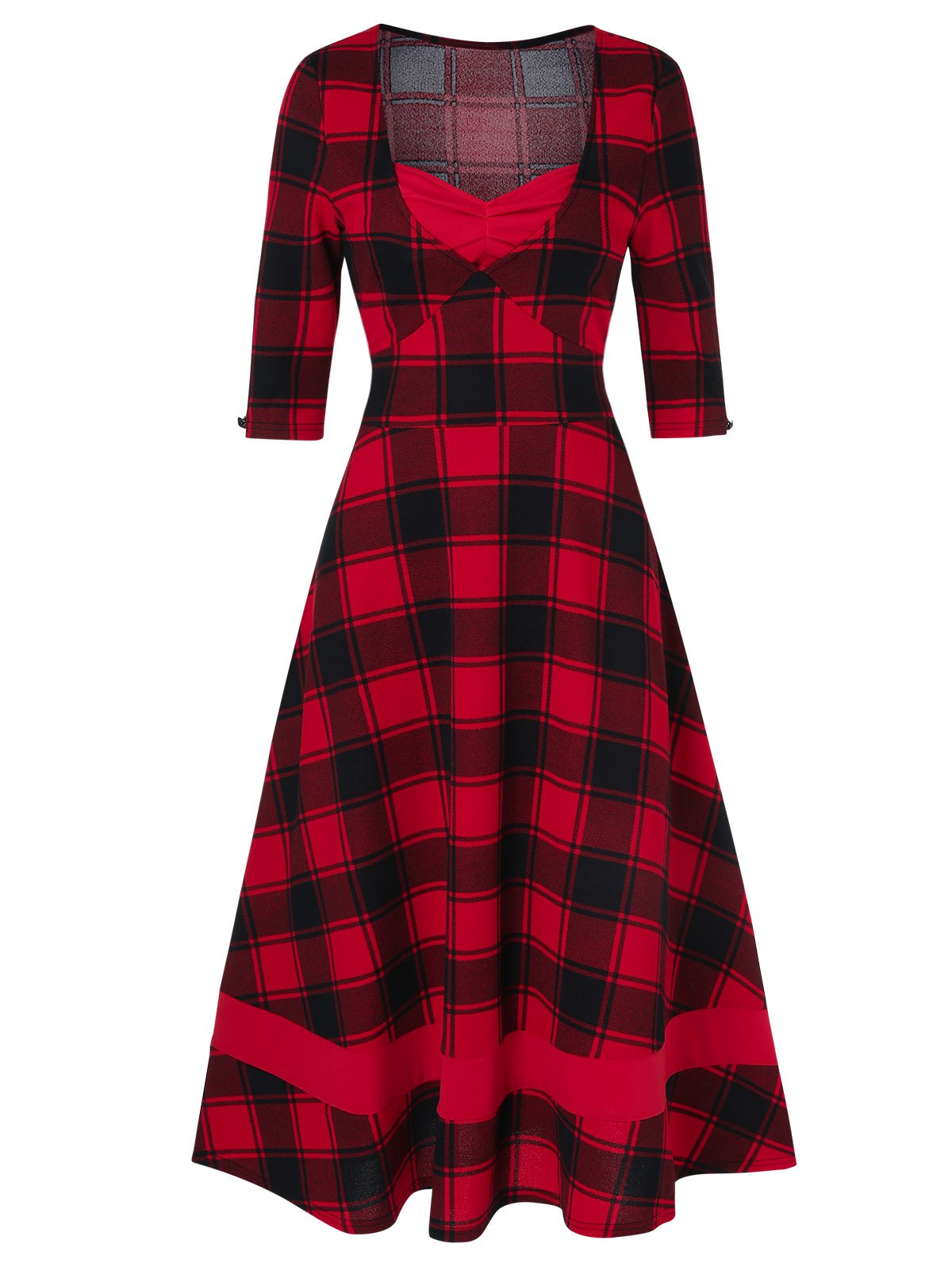 Plaid Print Sweetheart Neck Midi Vintage Flare Dress