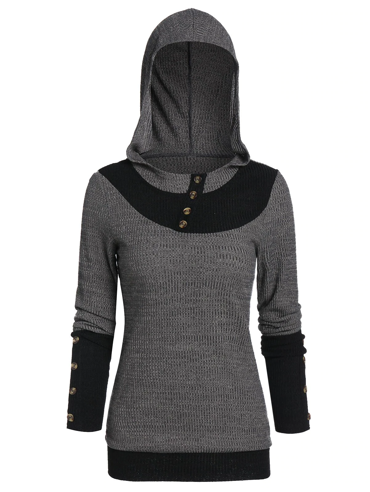 Hooded Button Embellished Contrast Ribbed Knitwear