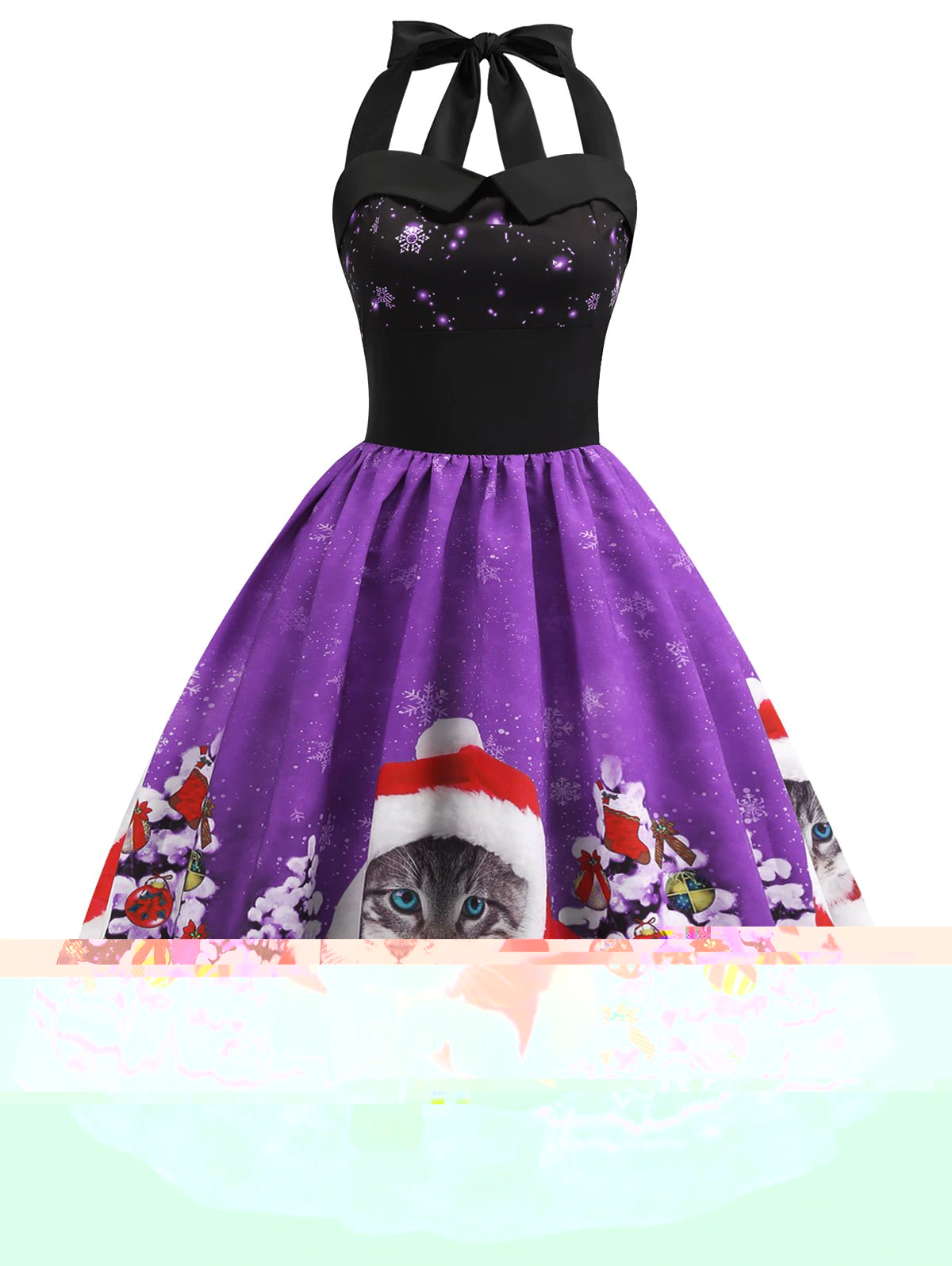 Christmas Cat Smocked Halter Party Dress