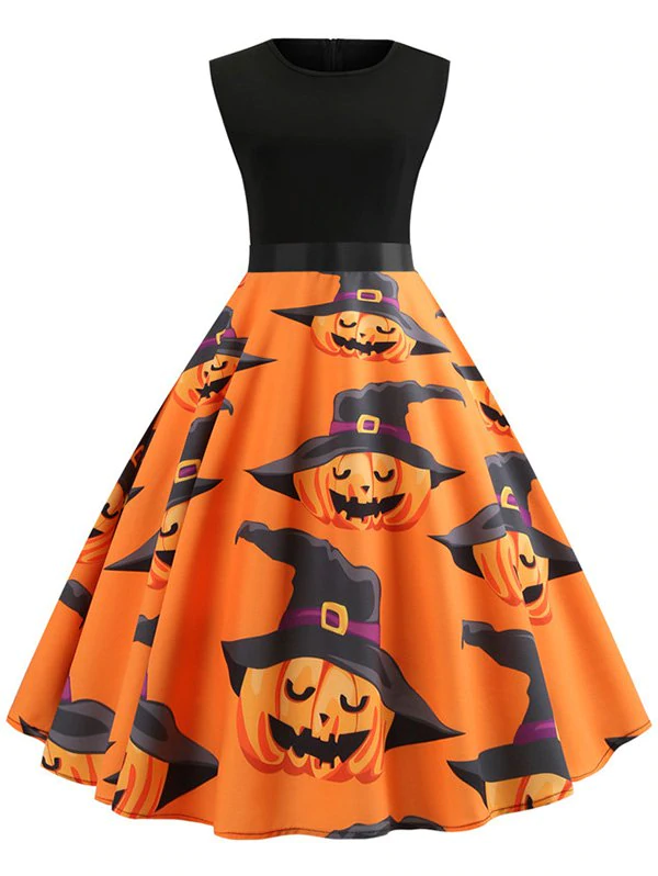 Pumpkin Print Belted Sleeveless Halloween Dress