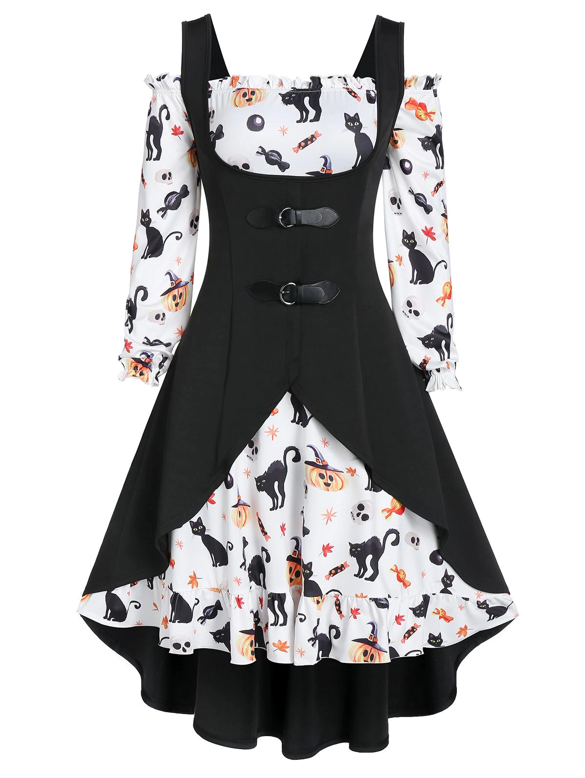 A Line Pumpkin Print Halloween Dress with High Low Top