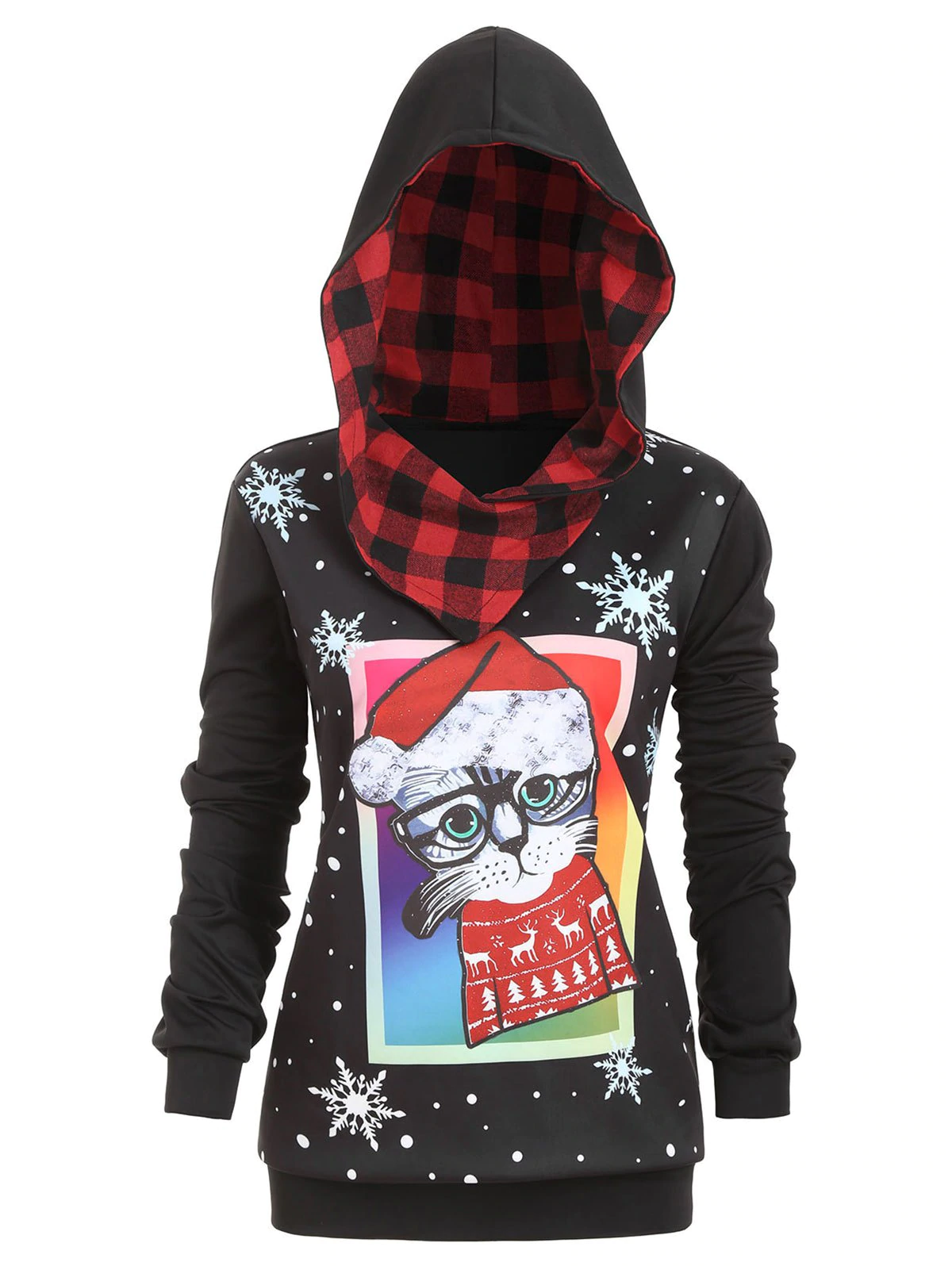 Plus Size Cat Snowflake Print Christmas Hoodie