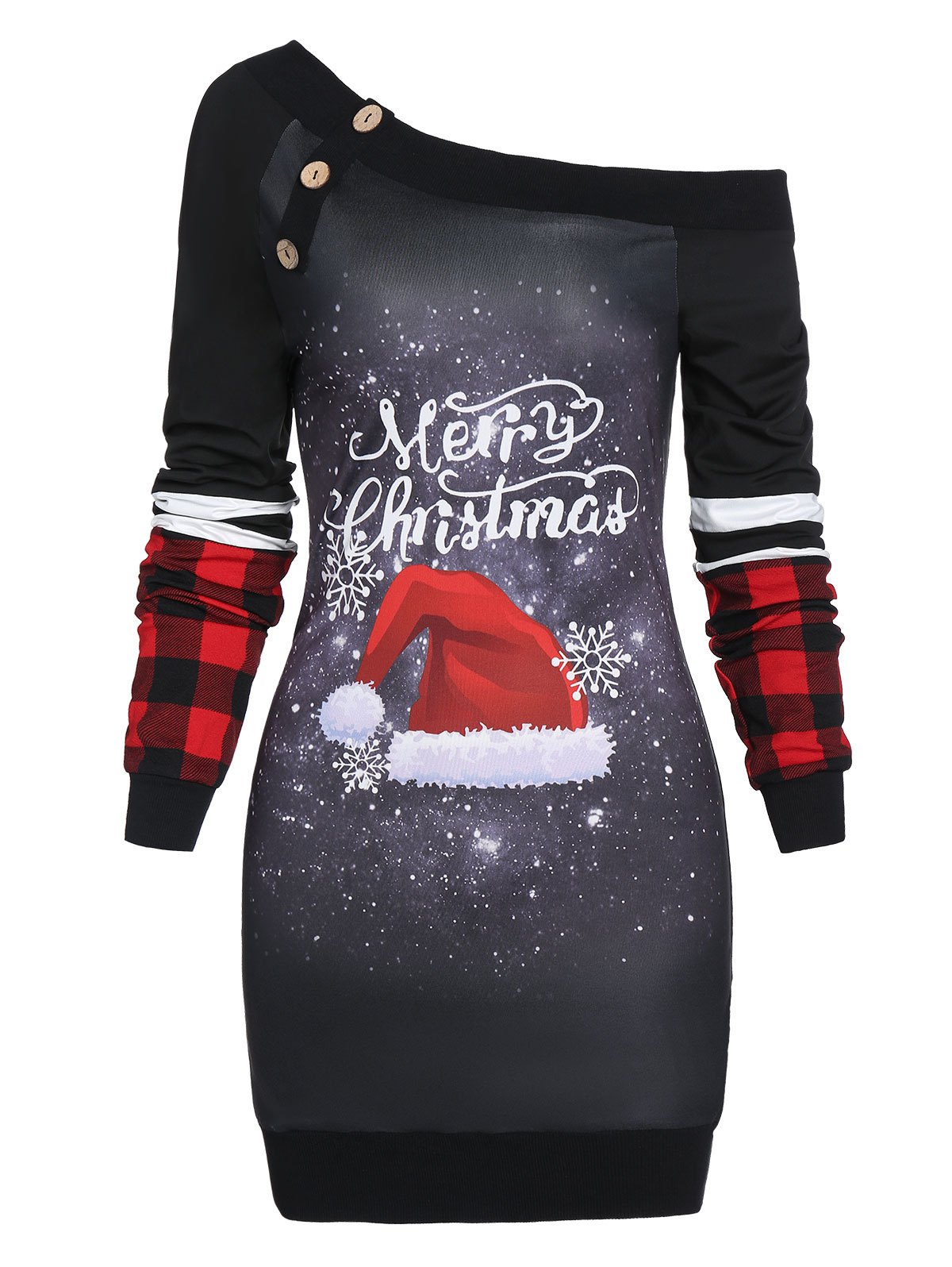 Christmas Skew Neck Hat Print Dress