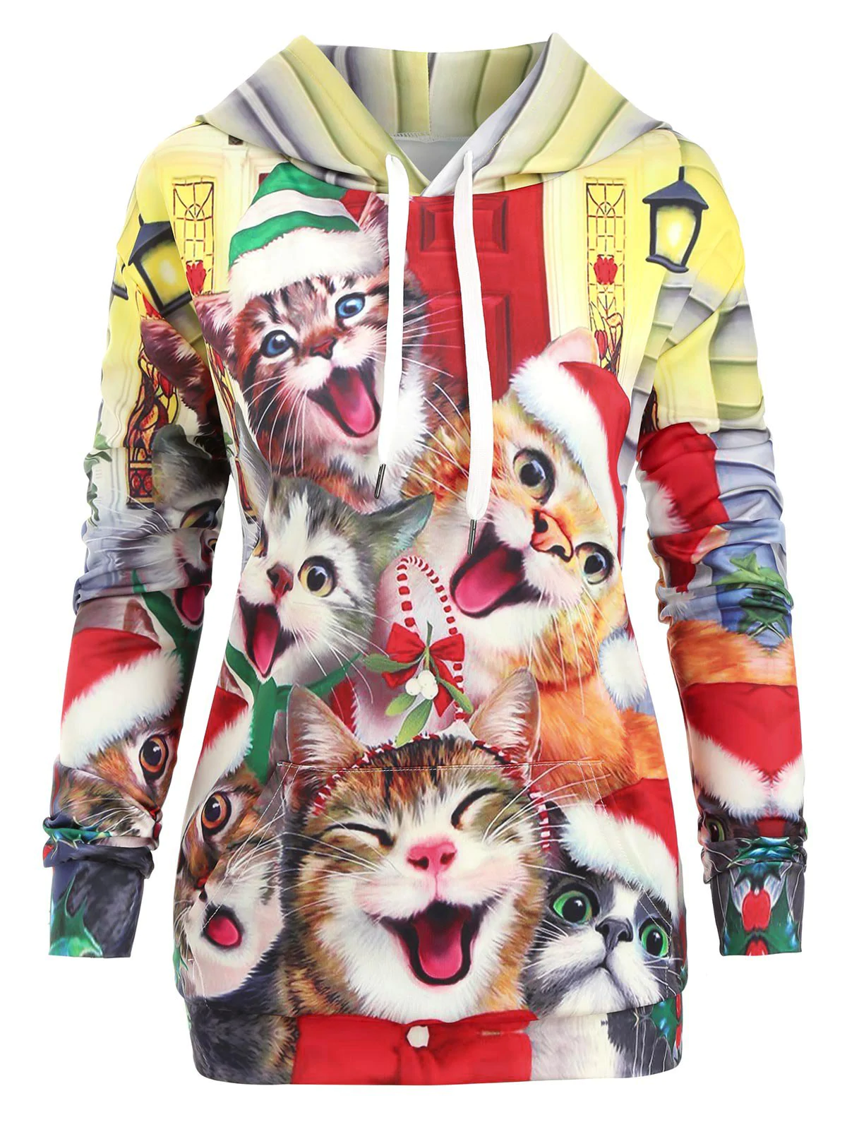 Cats Kangaroo Pocket Christmas Drawstring Hoodie