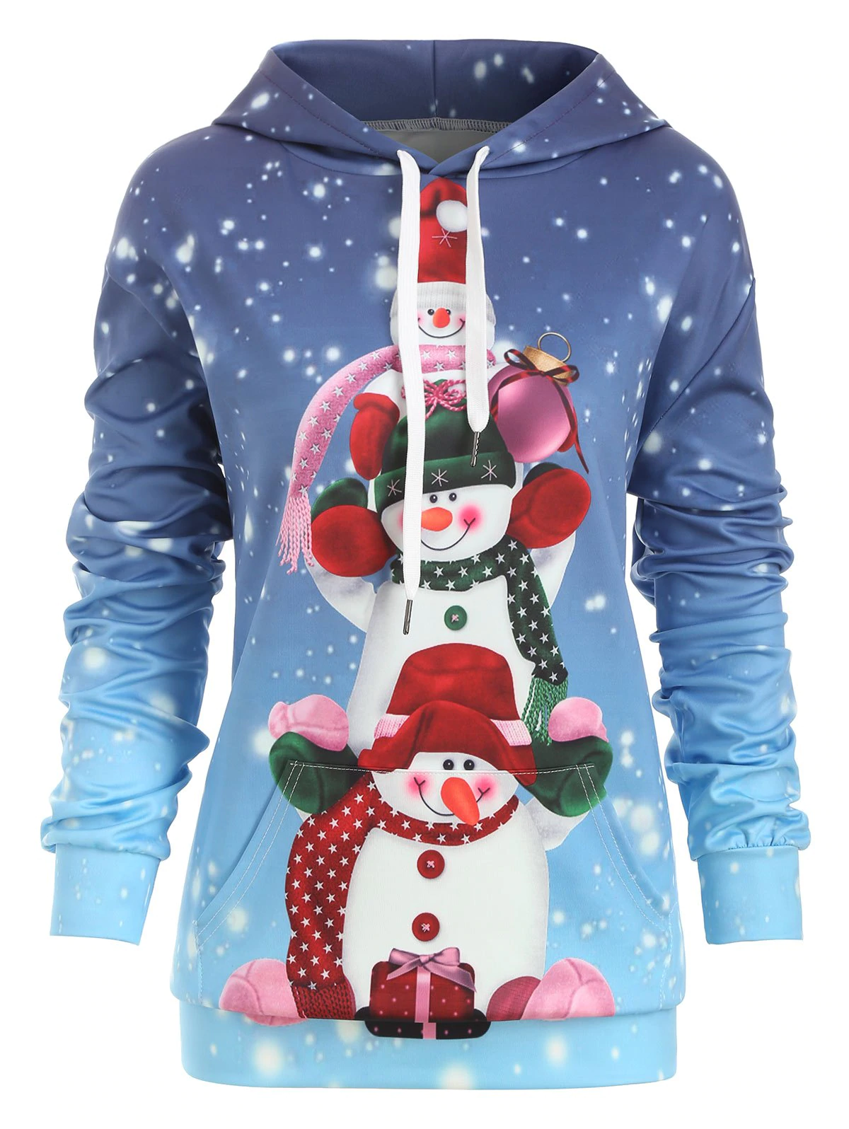 Snowman Front Pocket Christmas Drawstring Hoodie