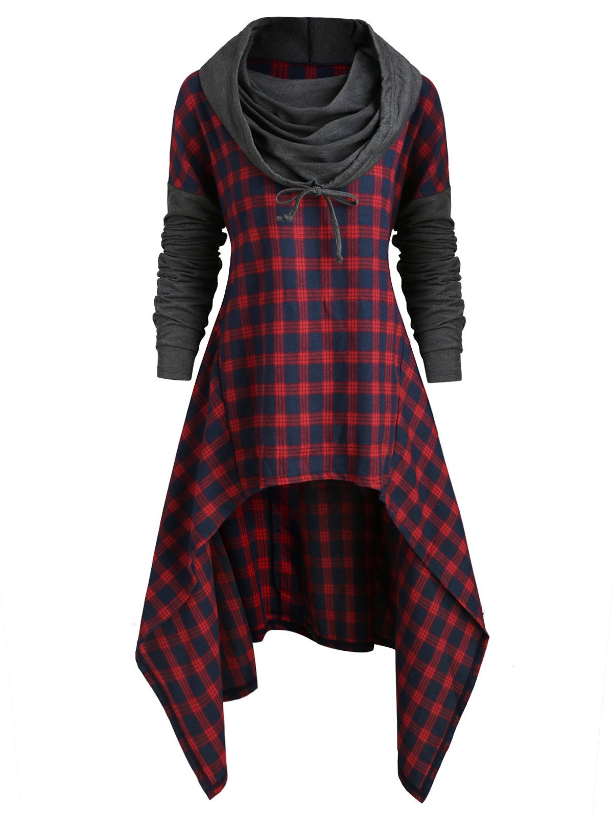 Plus Size Plaid Drop Shoulder Dip Hem Hoodie